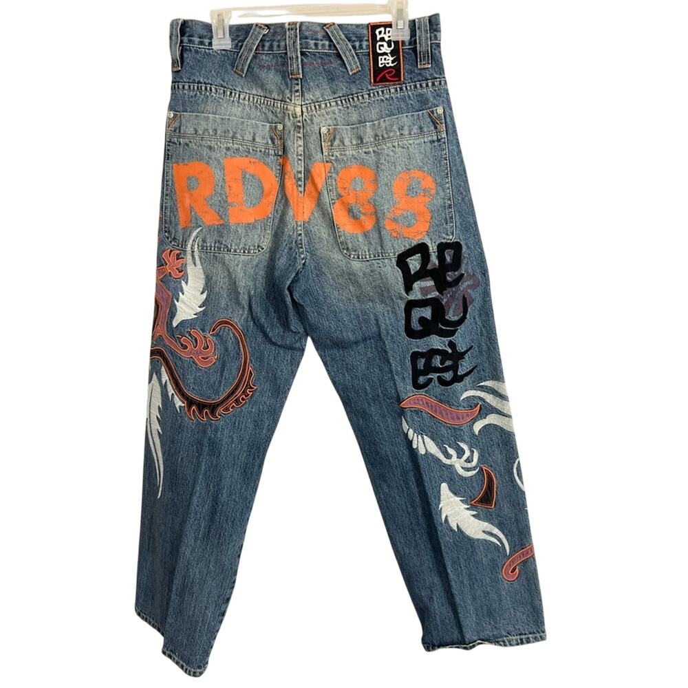 Vintage Request Jeans Men 28x31 Blue 
 Embroidered Y2K 90s Skater Dragon RARE